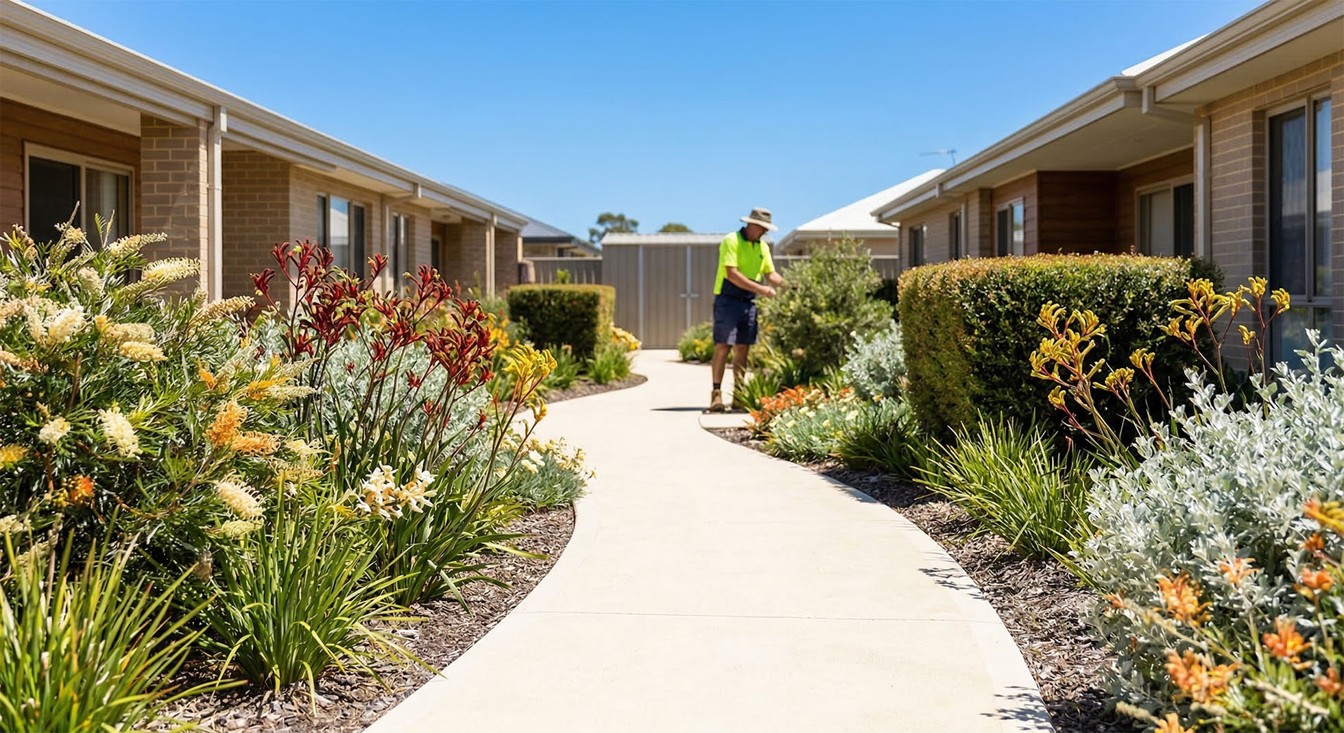 Well-maintained garden and courtyard at an aged care facility — FMS grounds and soft services