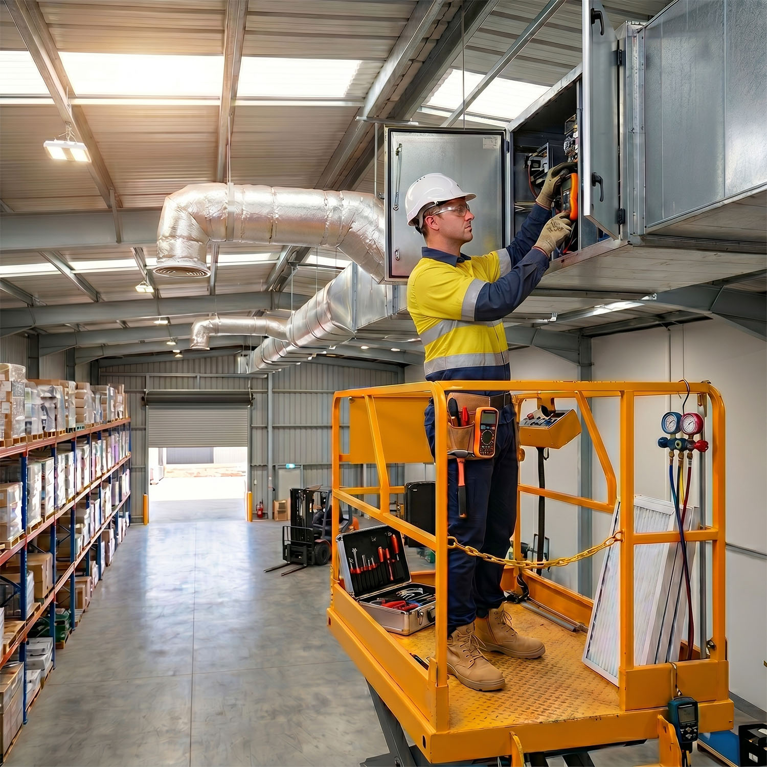 Technician on an elevated work platform servicing ductwork in a warehouse
