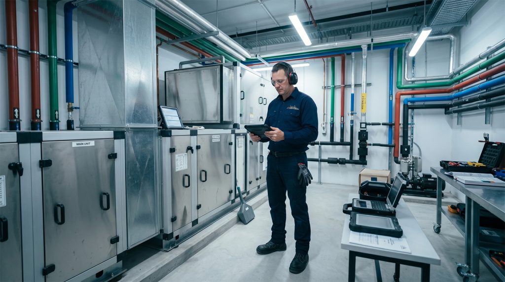 Technician with a tablet inspecting air handling units in a plant room