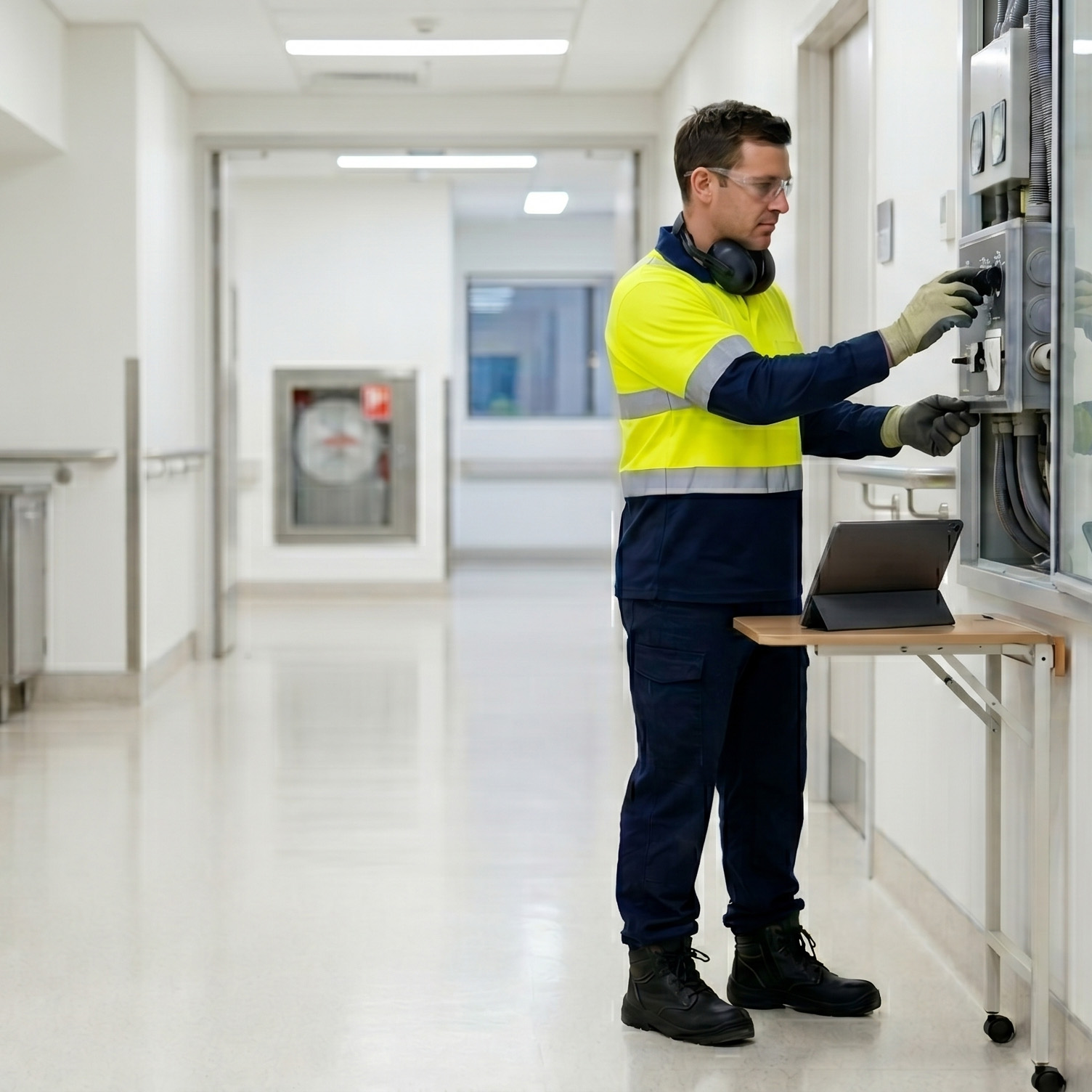 Technician testing an electrical panel in a hospital corridor