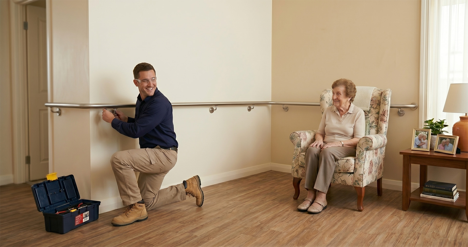 Tradesperson fixing a handrail in an aged care room while a resident looks on
